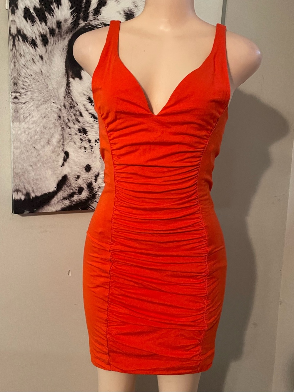 Express Ruched V-Neck Orange Bodycon Dress football stretch layering Small